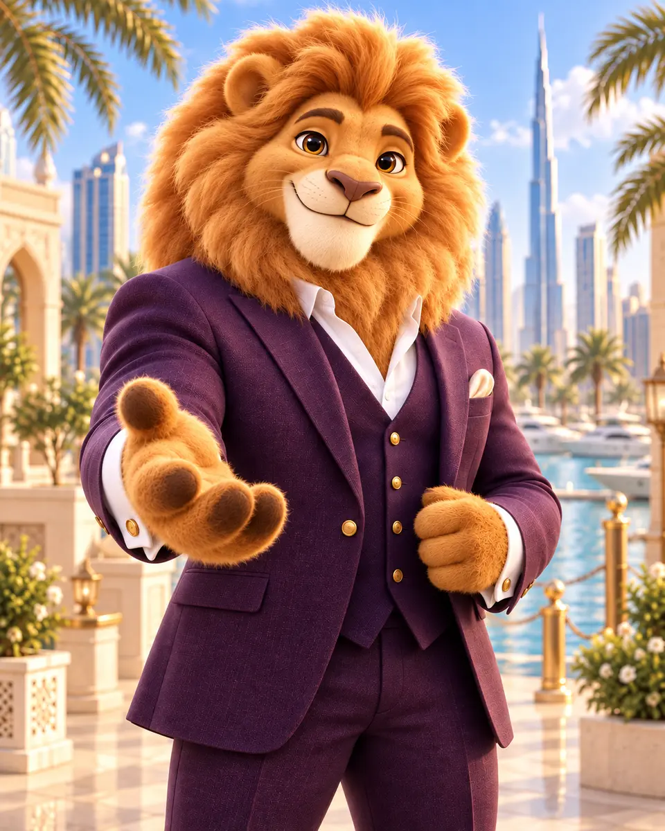 Dubai Syndicate's fluffy lion mascot in a purple suit welcoming you beside the Dubai skyline.